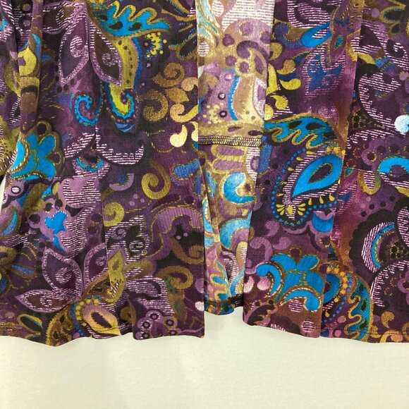 Chico's Travelers size Large/2 Purple Blue Floral Artsy Slinky Knit Open Jacket - Picture 6 of 10